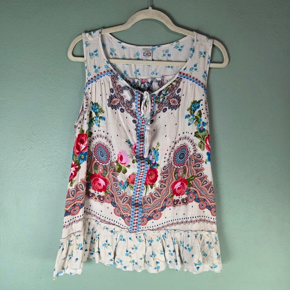 Bila Embroidered Boho Tank Top Tassels Ruffle Trim Medium Peasant Festival Hippy